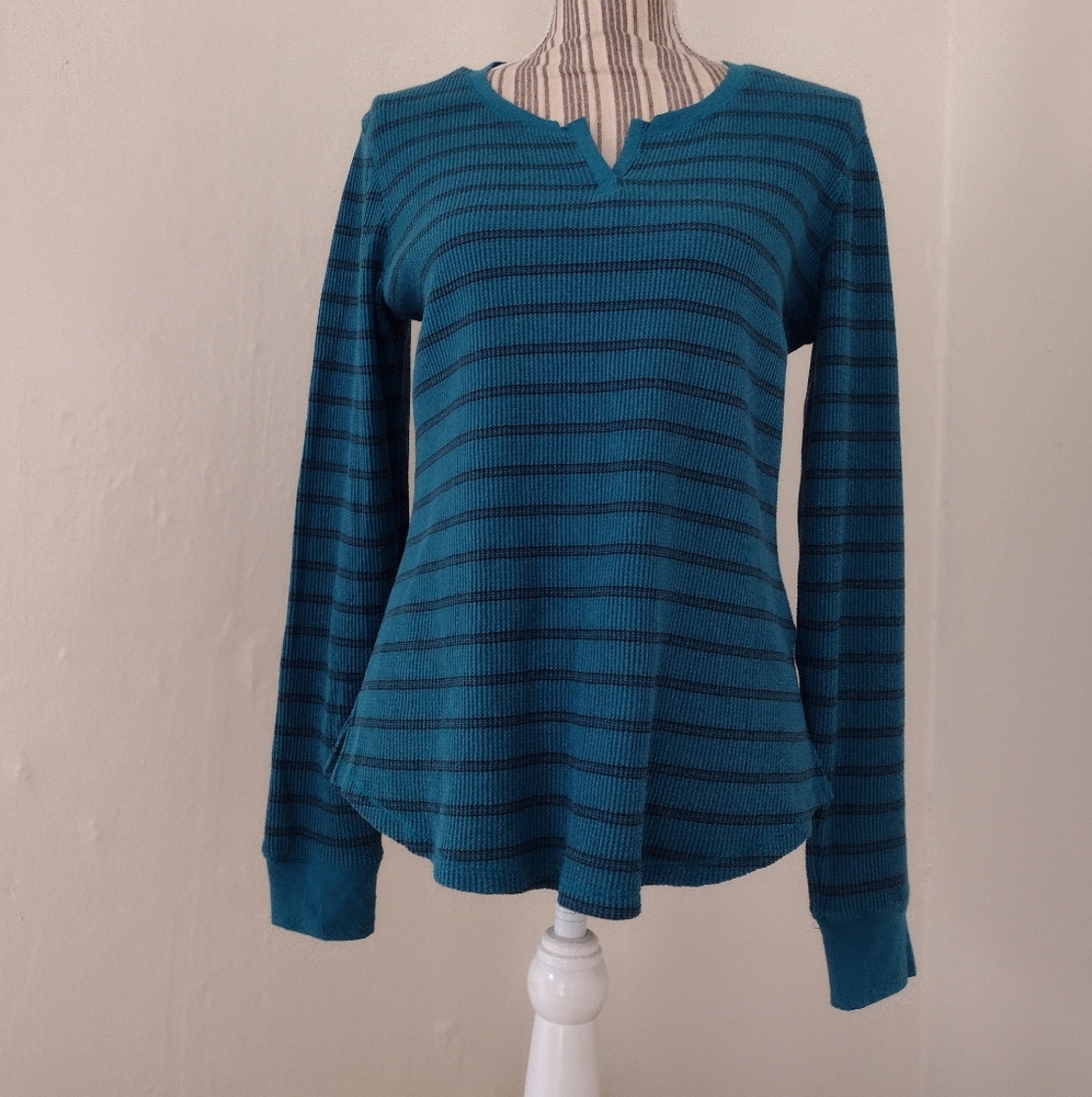 Columbia Teal Striped Thermal Knit V-neck Pullover Top Size S